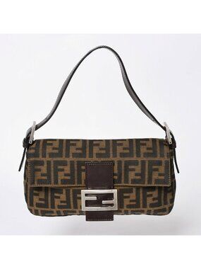 Fendi Shoulder Bag Cross Mamma Baguette Zucca Pattern Brown Silver
